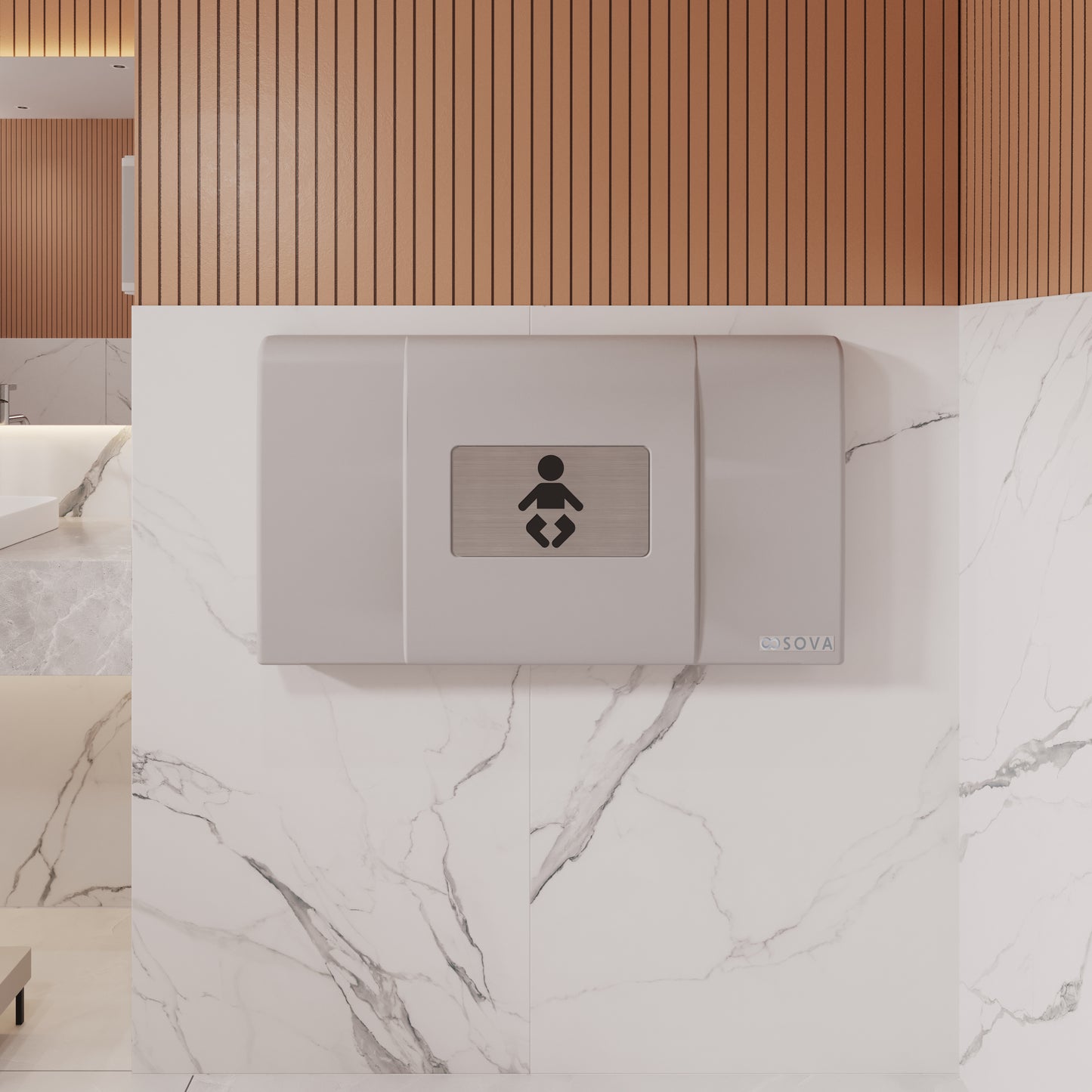 White Sova Span Horizontal Baby Changing Station front closed mounted in a bathroom setting