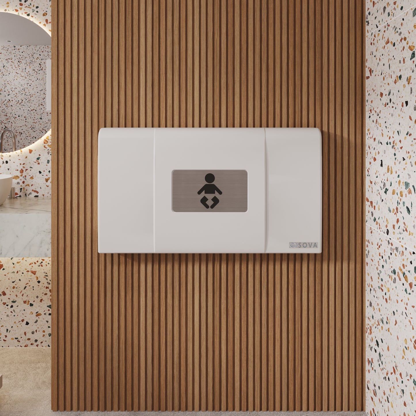 White Sova Span Horizontal Baby Changing Station closed mounted on a wooden panel wall