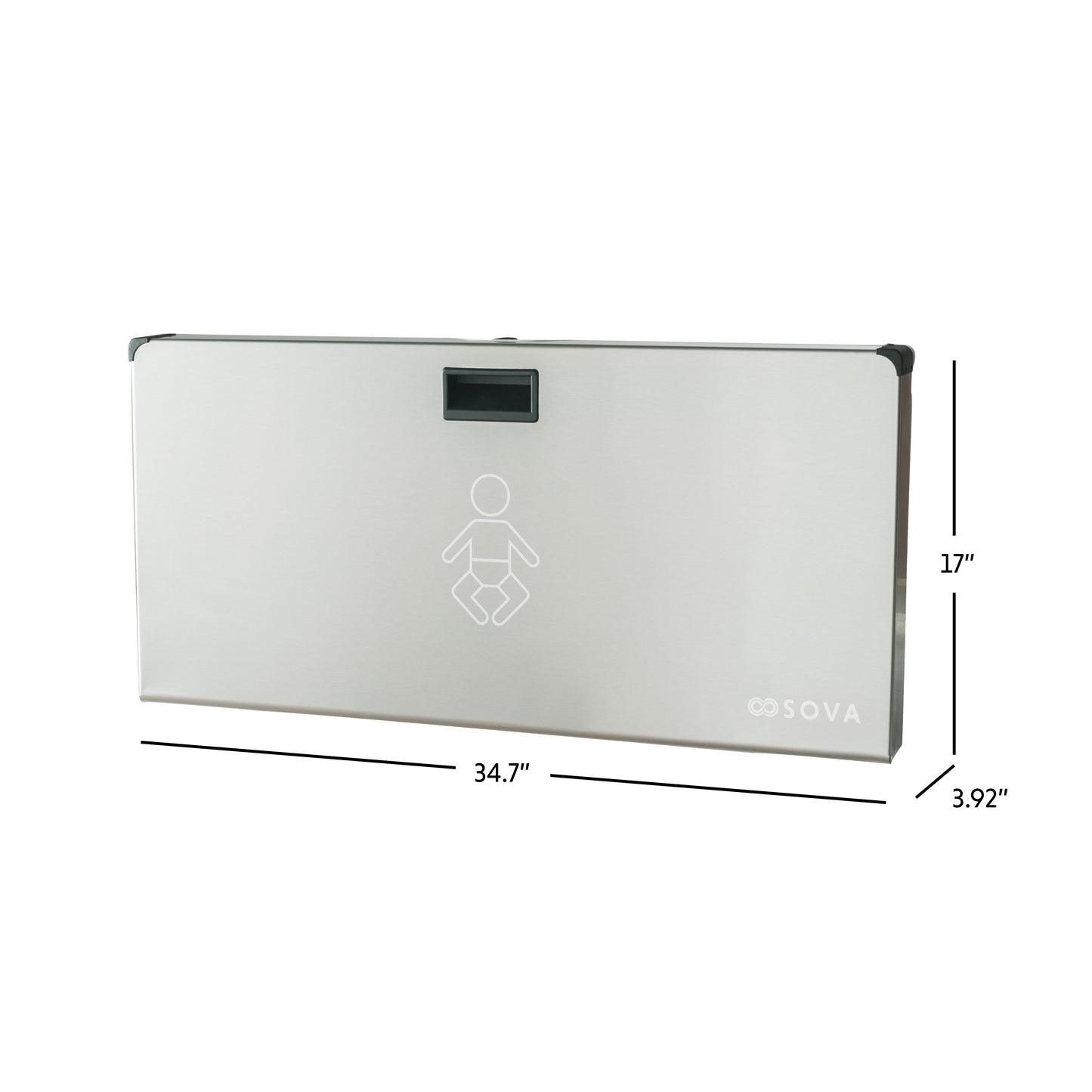 Stainless Steel Aura Horizontal Baby Changing Station closed dimensions on a white background