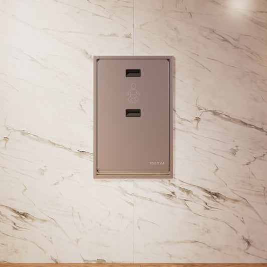 Stainless Steel Summit Vertical Baby Changing Station mounted on marble background