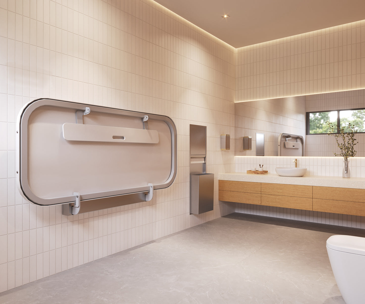 Modern bathroom with accessible Attend Adult Changing Table closed