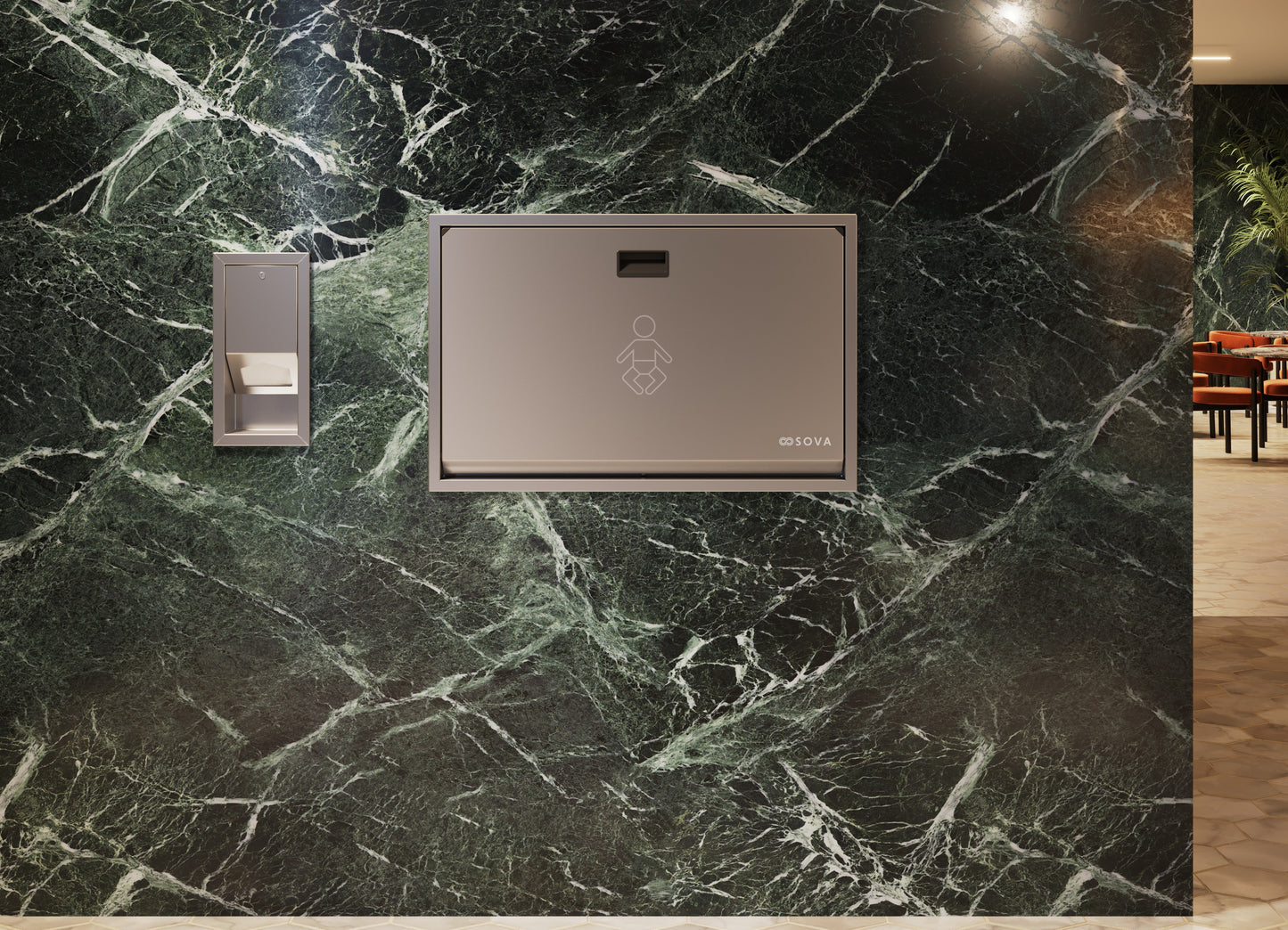 Sova Baby Changing Station with Liner Dispenser mounted on marble wall