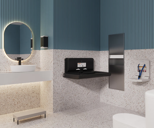 Modern restroom with open baby changing table