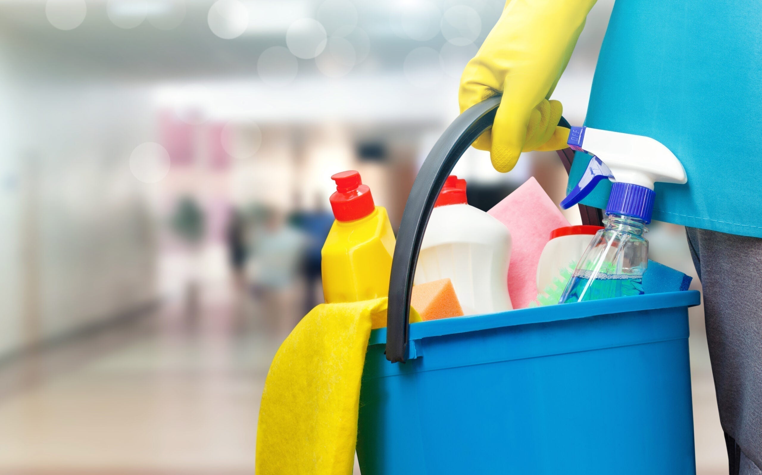 A bucket of cleaning supplies