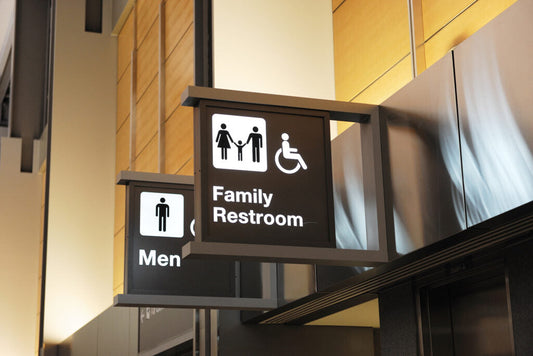 Restroom signage in a public space