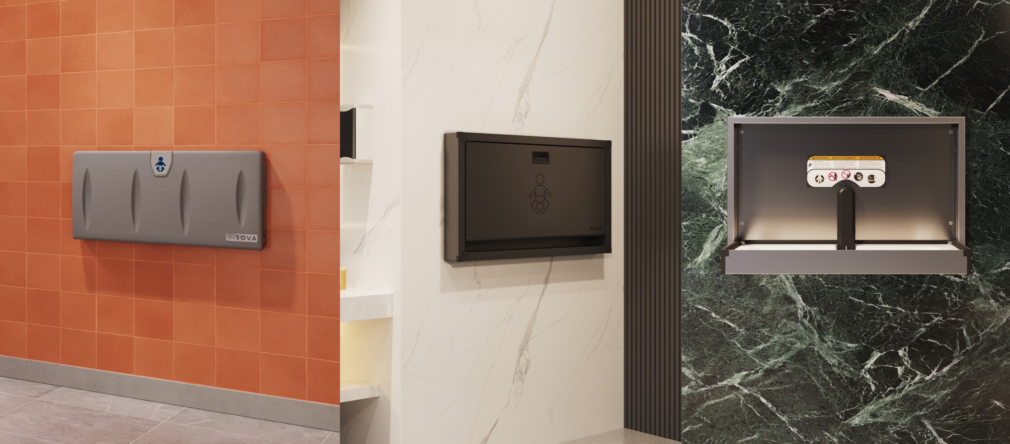 Three baby changing stations. From left to right, Origin Changing Station on an orange wall, Vantage changing station on white wall, Summit changing station on a marble wall. 