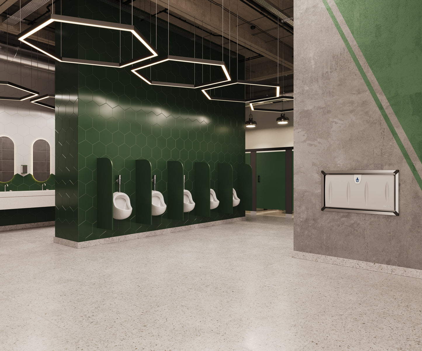Modern restroom with green tiled walls with Origin Horizontal Baby Changing Station