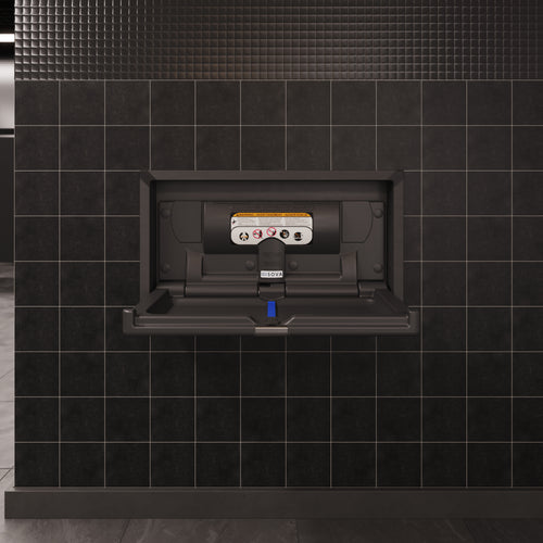 Sova Origin Baby Changing Station with Stainless Steel Recessed Frame-Lifestyle Black Stainless/Black Poly_Open