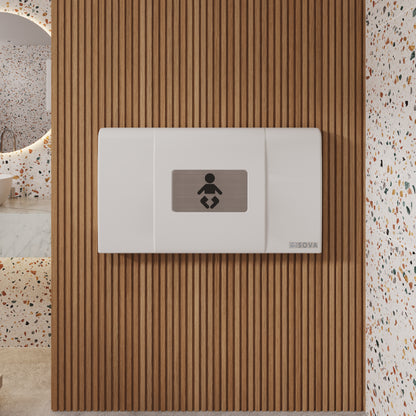 White Sova Span Horizontal Baby Changing Station closed mounted on a wooden panel wall