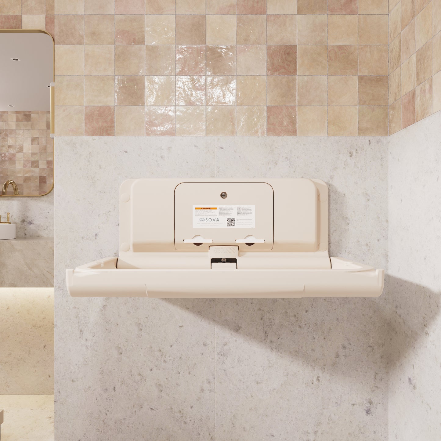 Cream Sova Span Horizontal Baby Changing Station front open in a modern bathroom setting