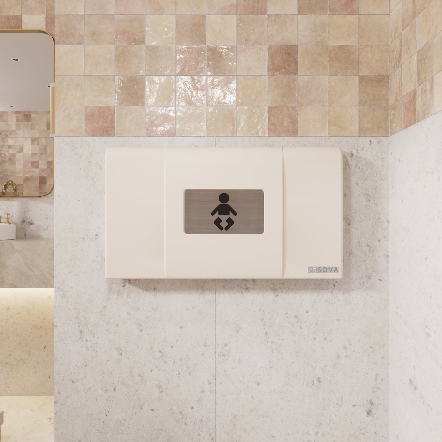 Cream Sova Span Horizontal Baby Changing Station front closed in a bathroom setting
