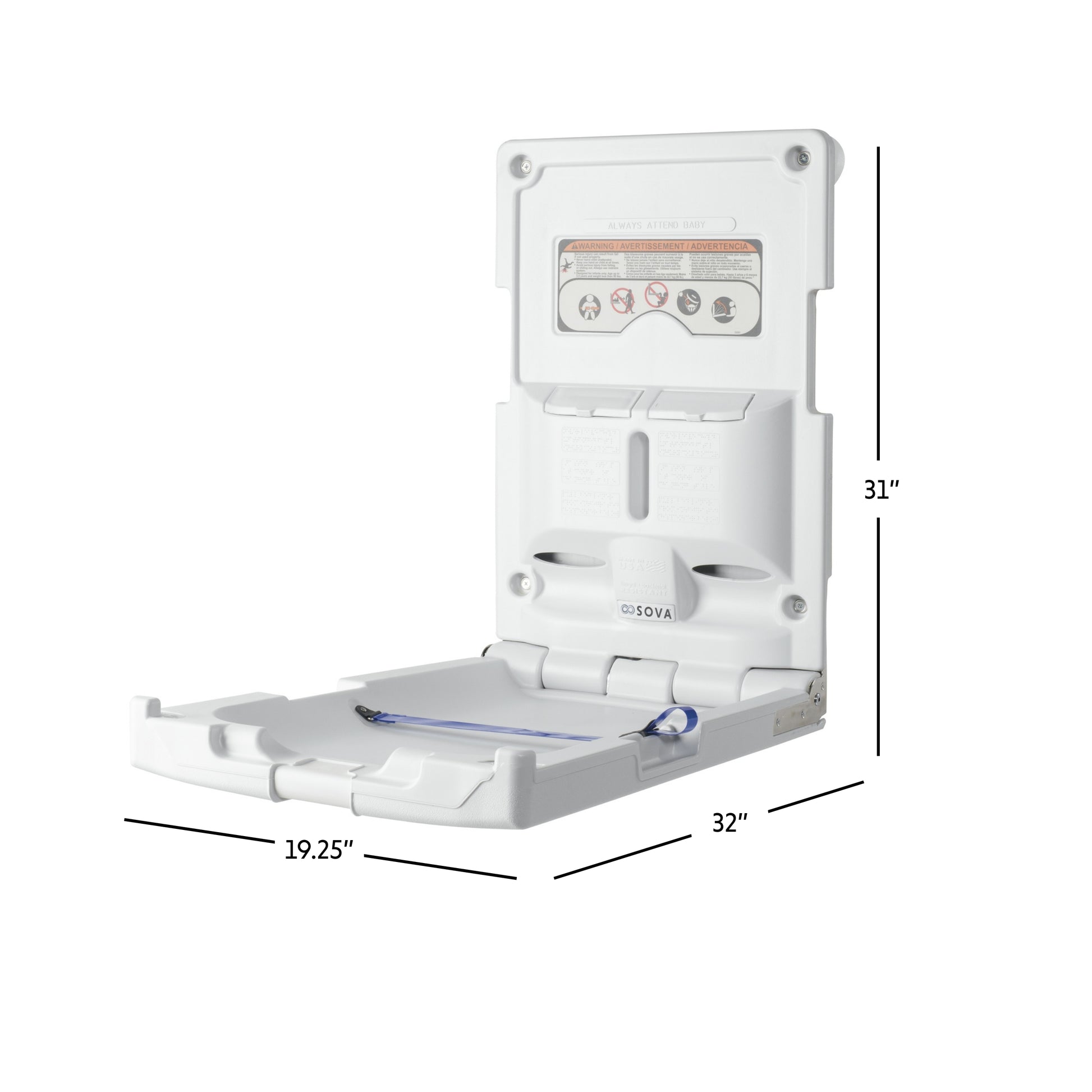 White Origin Vertical baby changing table with dimensions labeled on a white background