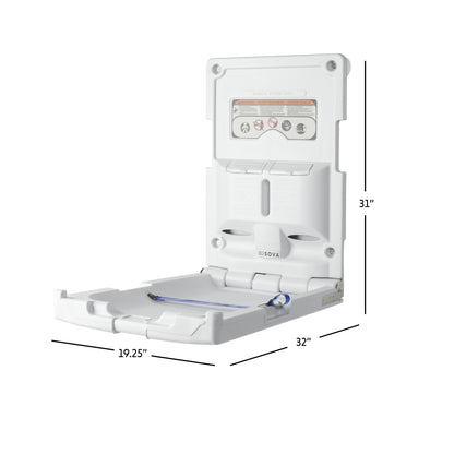 White Origin Vertical baby changing table with dimensions labeled on a white background