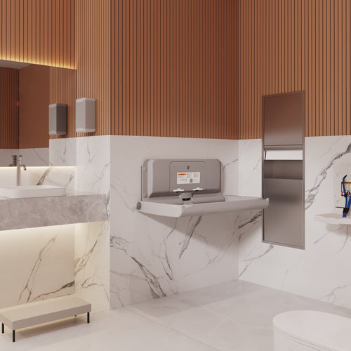 Sova Span Horizontal Baby Changing Station and Toddler Wall Seat Light Gray Lifestyle_Open