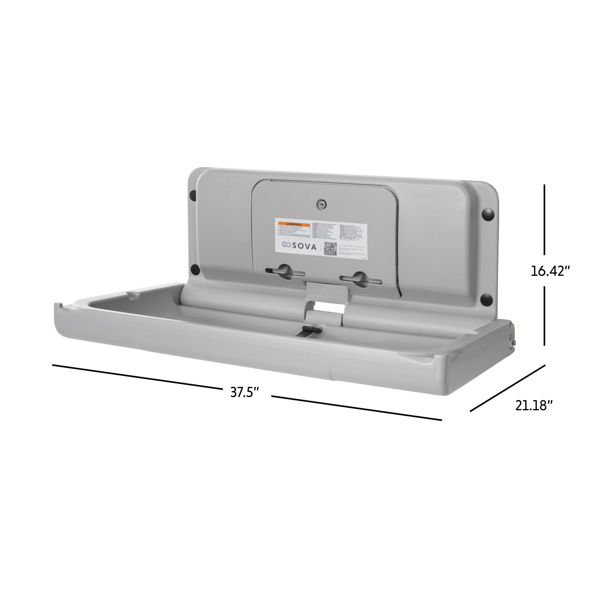 Grey Sova Span Horizontal Baby Changing Station open dimensions on a white background