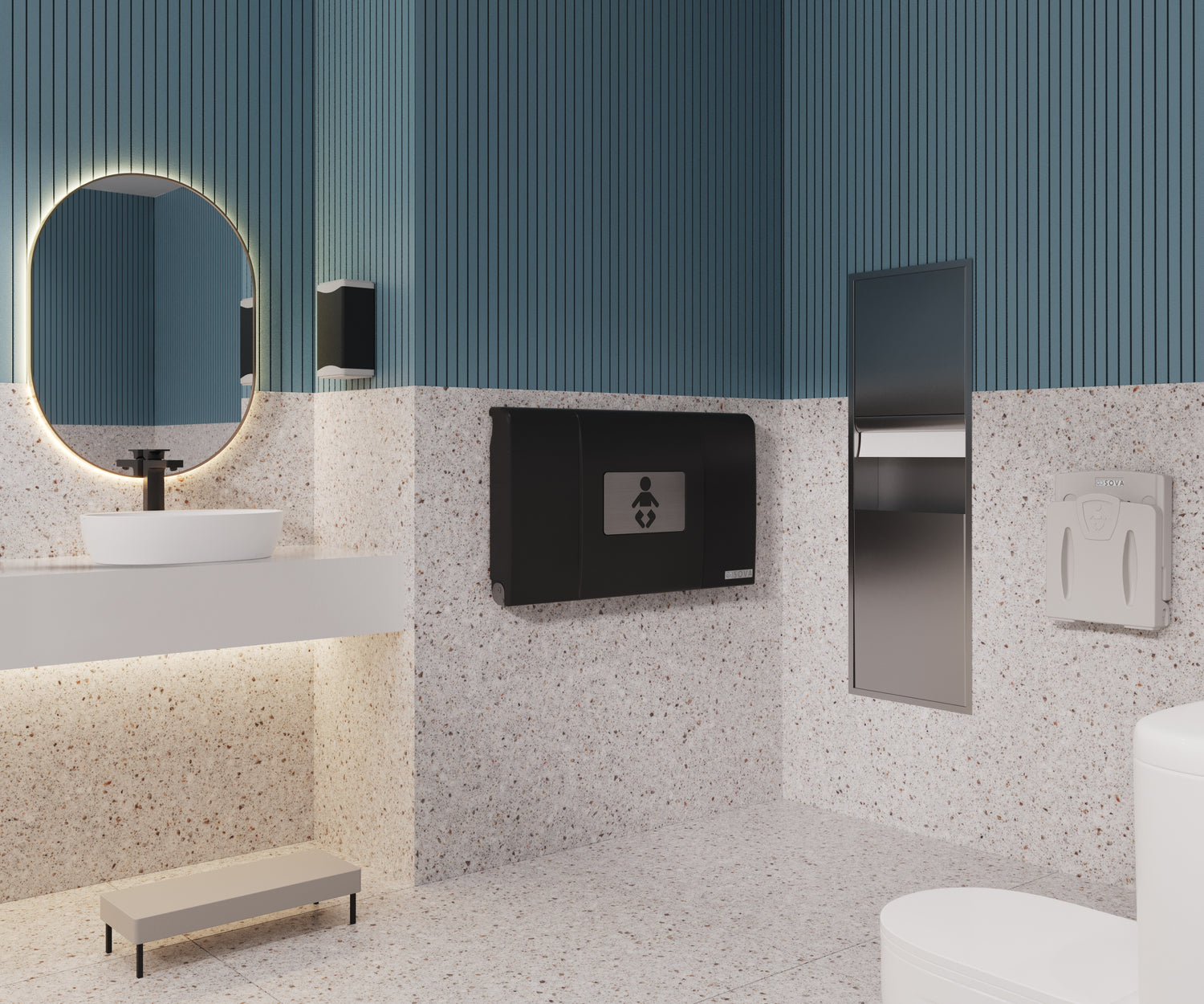 Accessible Bathroom interior with a Sova Spann baby changing station and wall-mounted toddler seat