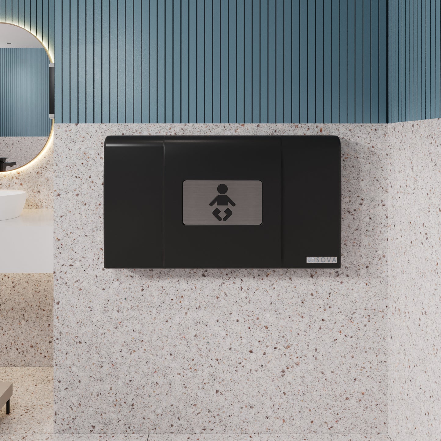 Black Span horizontal baby changing station mounted in bathroom wall