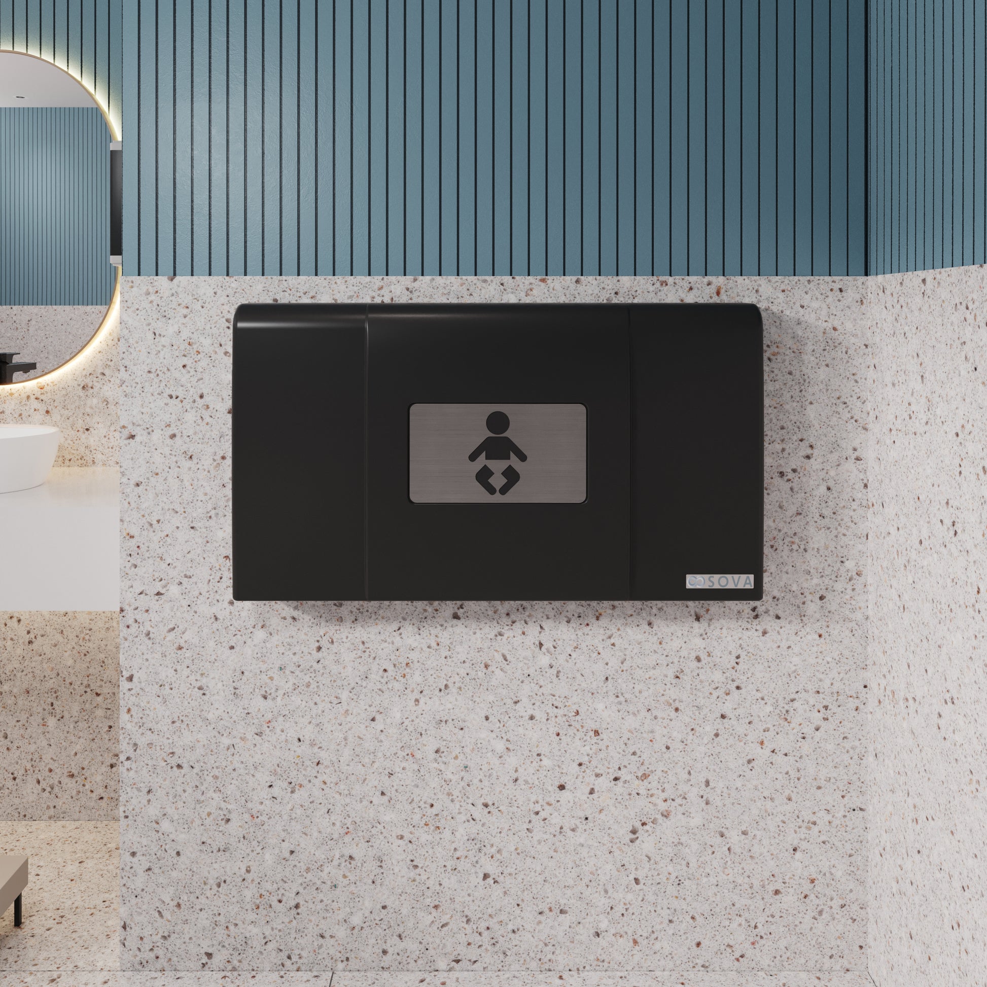Black Span horizontal baby changing station mounted in bathroom wall