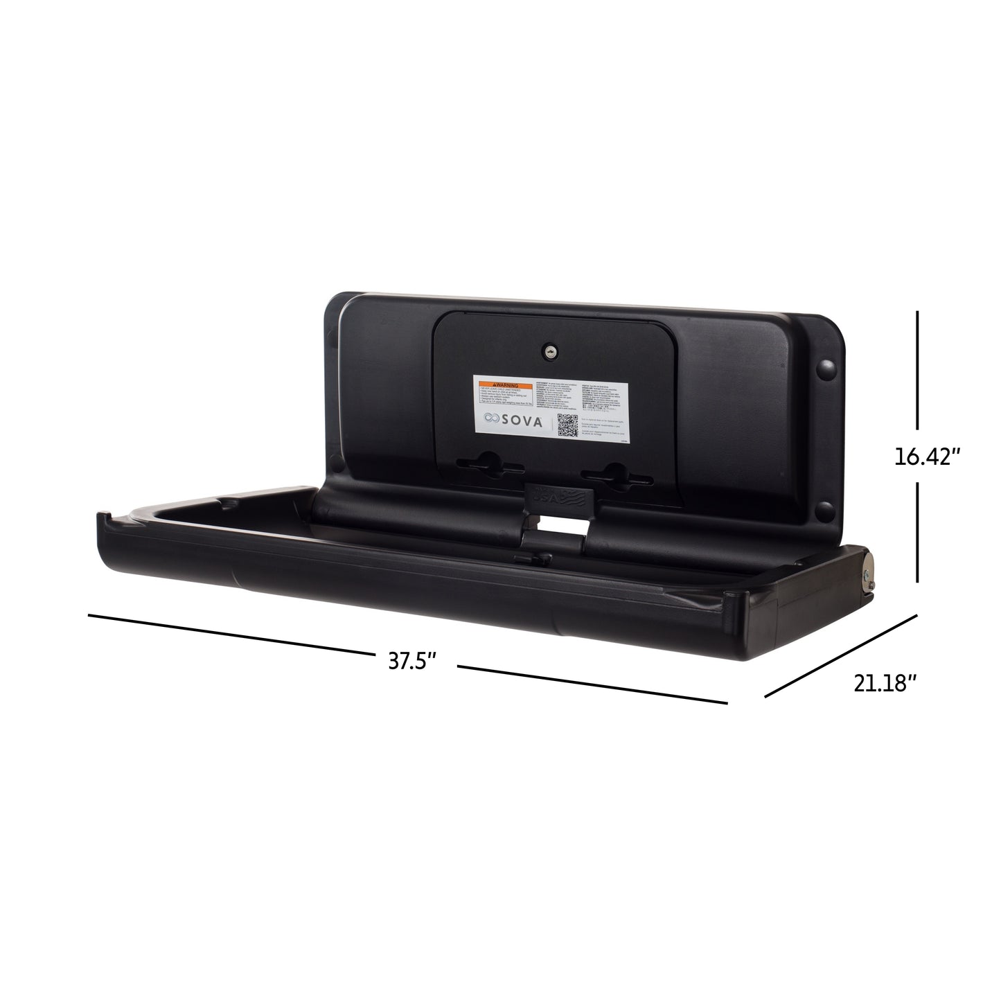 Black Sova Span Horizontal Baby Changing Station open dimensions on a white background