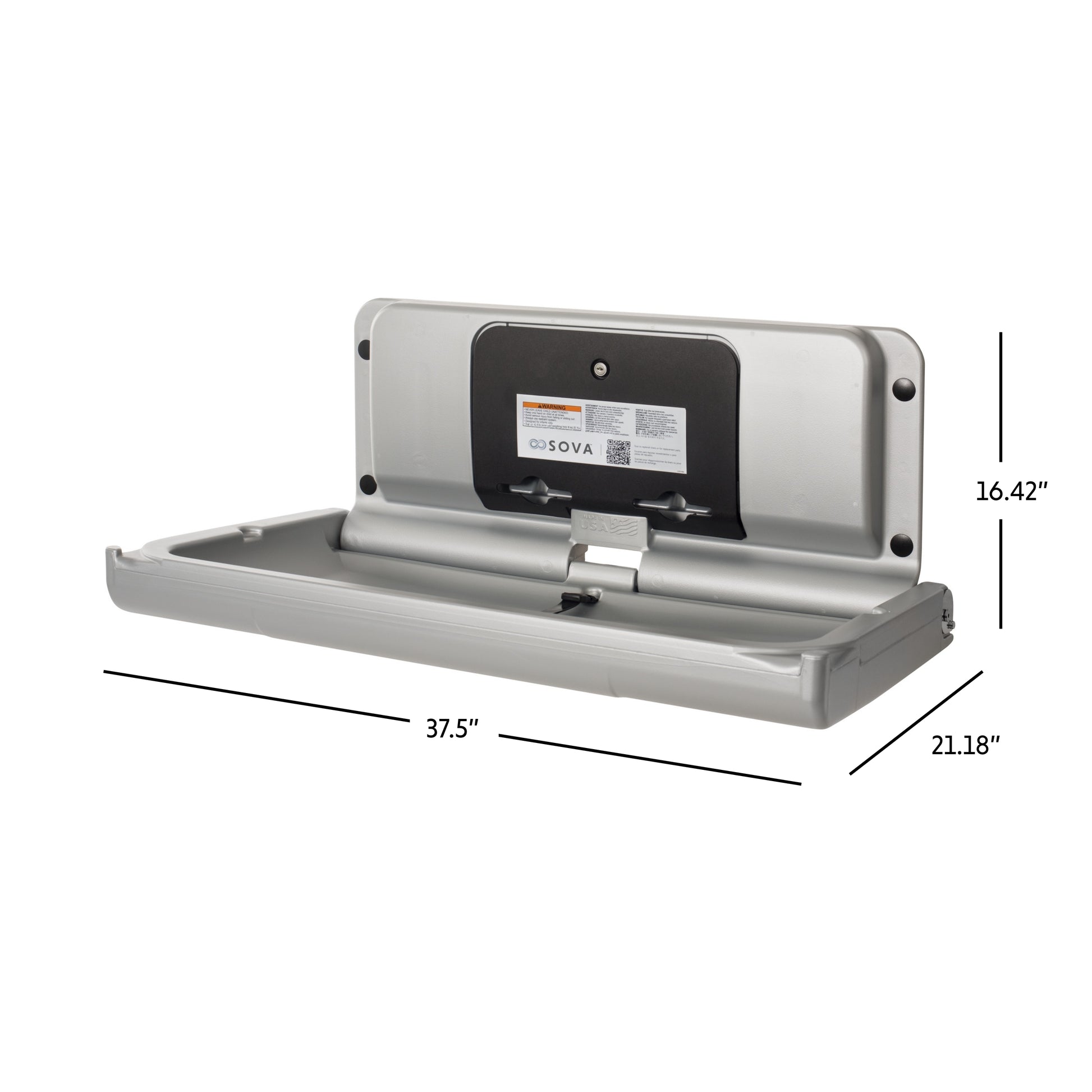 Metallic Sova Span Horizontal Baby Changing Station open dimensions on a white background