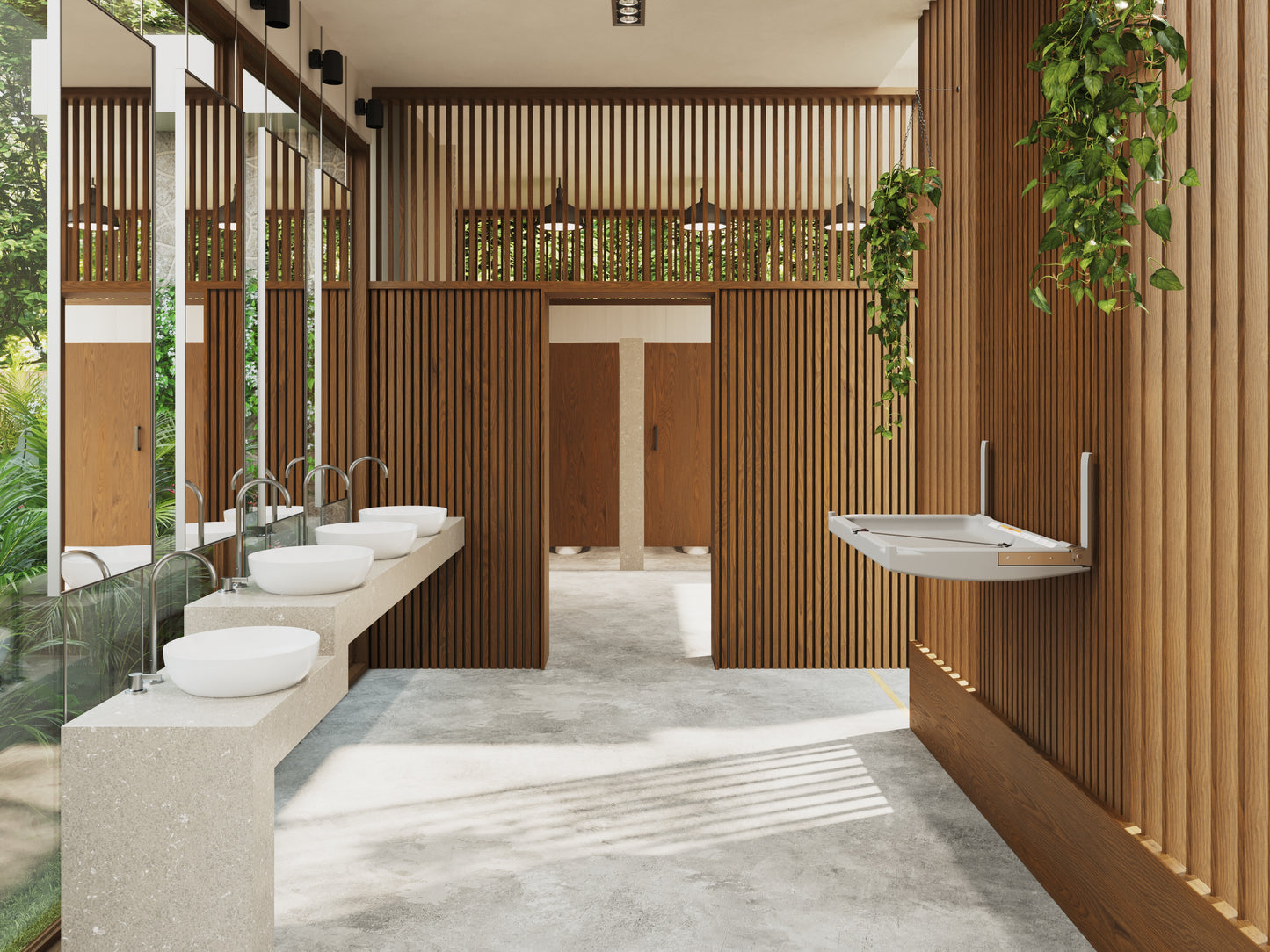 Modern bathroom with wooden walls with mounted Element baby changing station