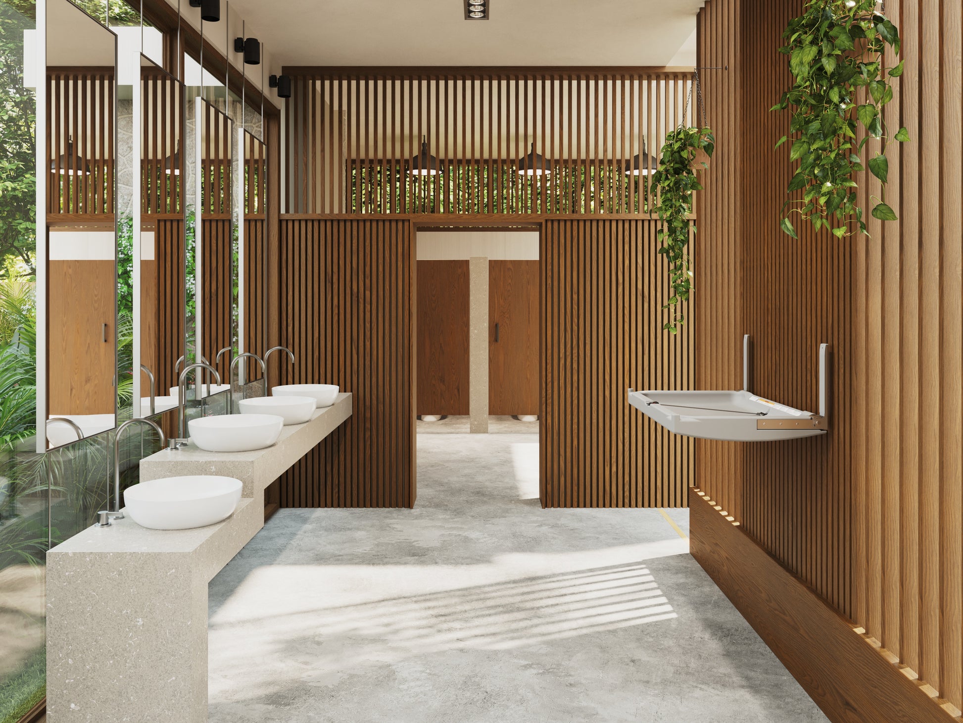Modern bathroom with wooden walls with mounted Element baby changing station
