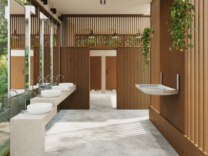 Modern bathroom with wooden walls with mounted Element baby changing station