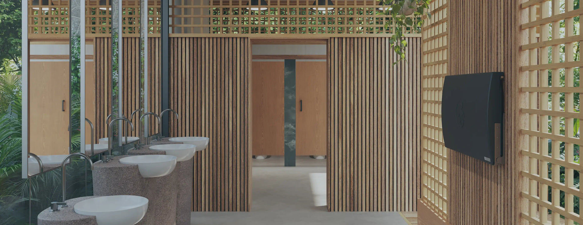 Accessible bathroom interior with wooden walls, sinks, and Sova Element Baby Changing Station
