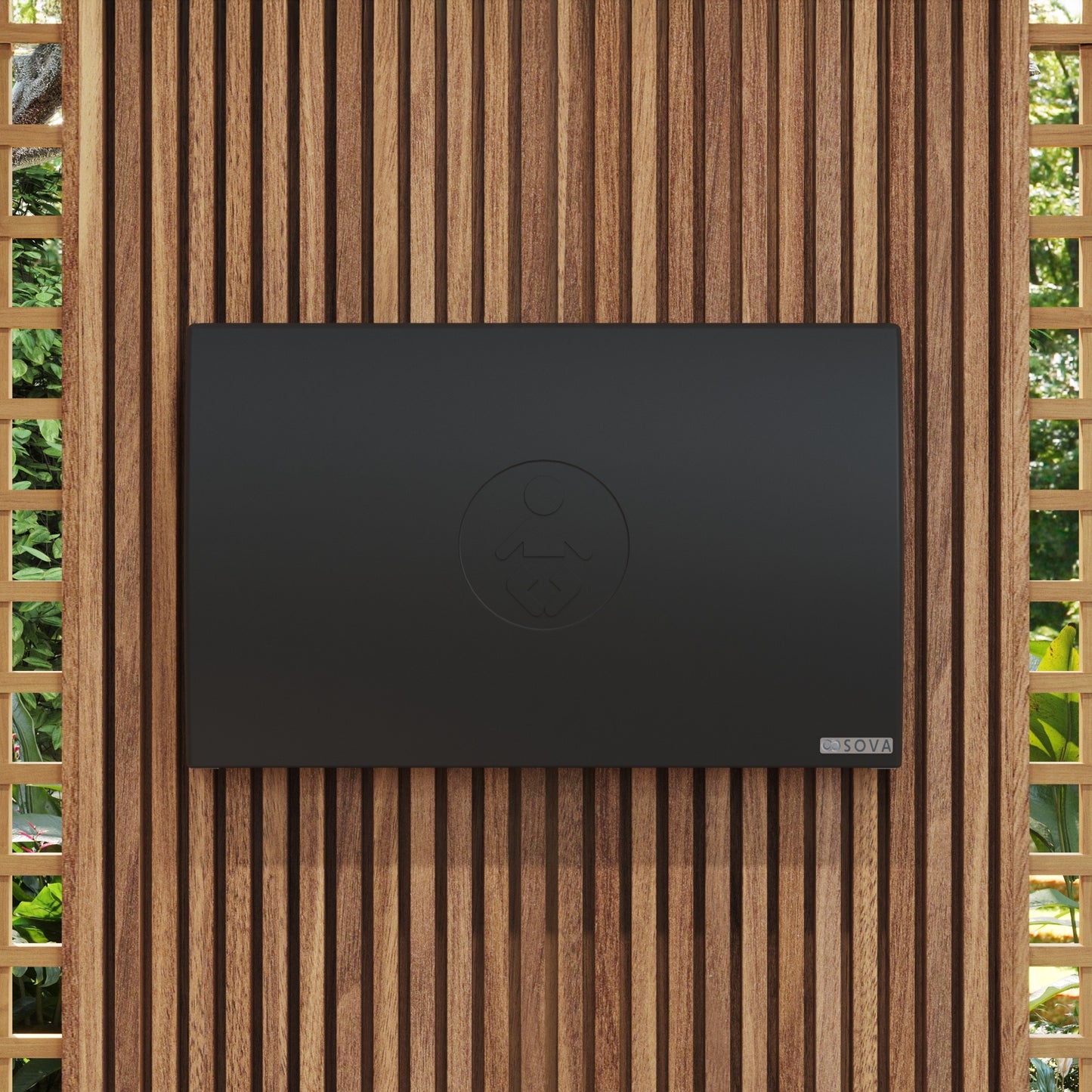 Black Sova Element baby changing station mounted on wooden wall
