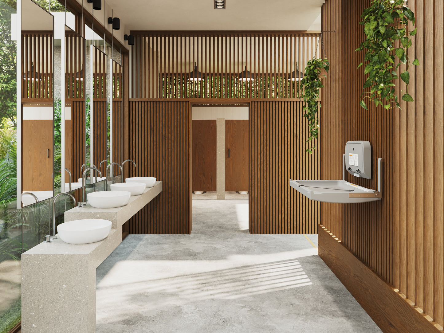 Modern bathroom with Gray Mounted Sova Element Baby Changing Station and dispenser