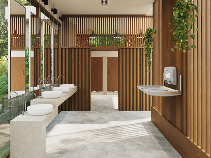 Modern bathroom with Gray Mounted Sova Element Baby Changing Station and dispenser