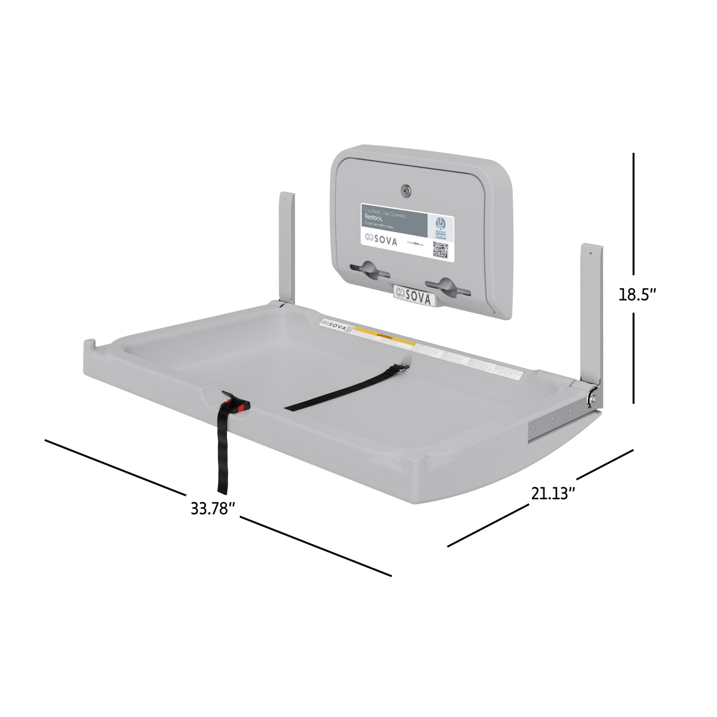 Grey Sova Element Baby Changing Station open dimensions with liner dispenser on white background