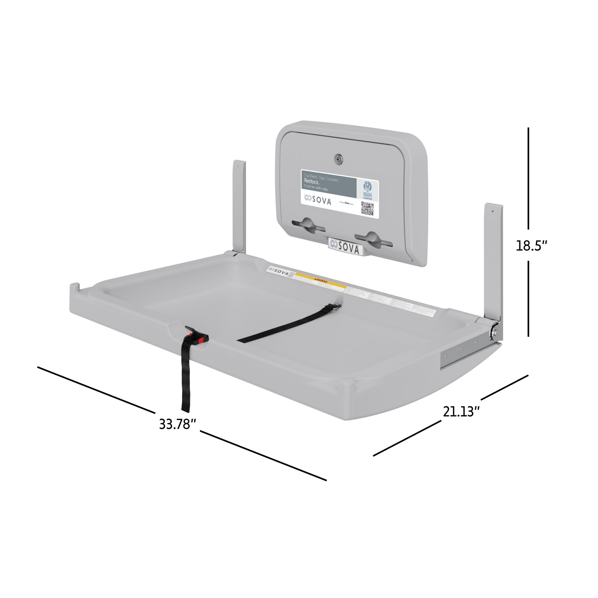 Grey Sova Element Baby Changing Station open dimensions with liner dispenser on white background