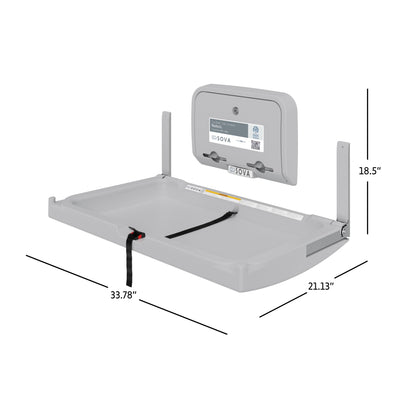 Grey Sova Element Baby Changing Station open dimensions with liner dispenser on white background