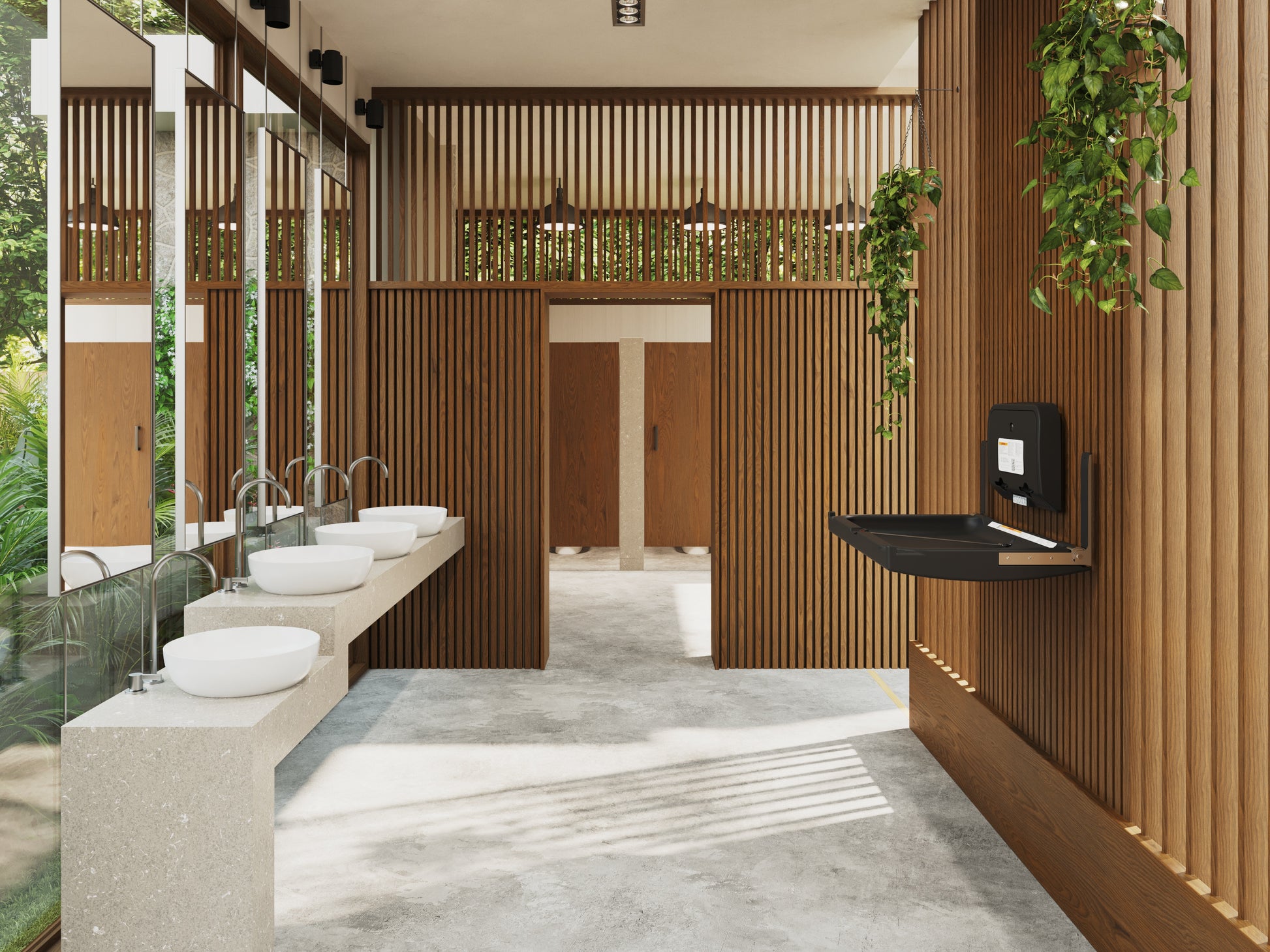 Modern bathroom with Black Element Horizontal baby changing station and liner dispenser
