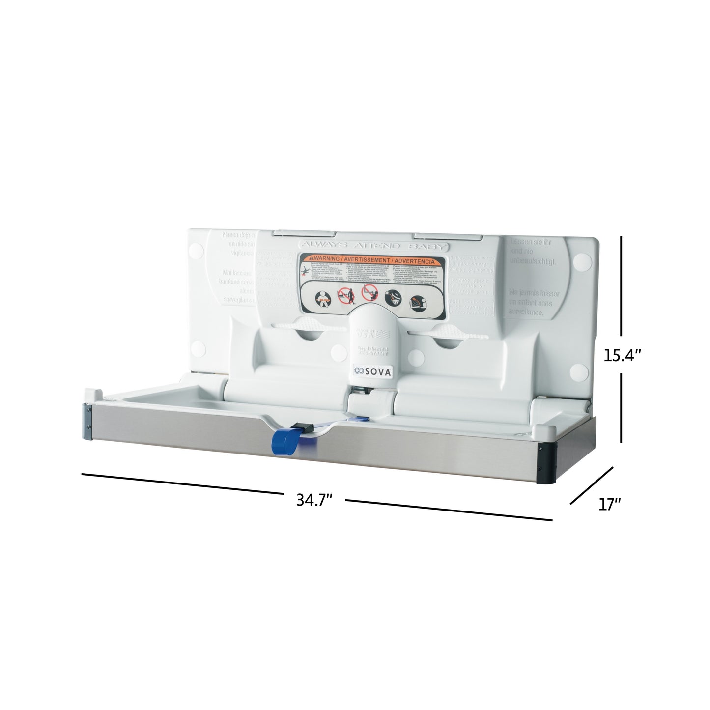 Stainless Steel Aura Horizontal Baby Changing Station dimensions on a white background