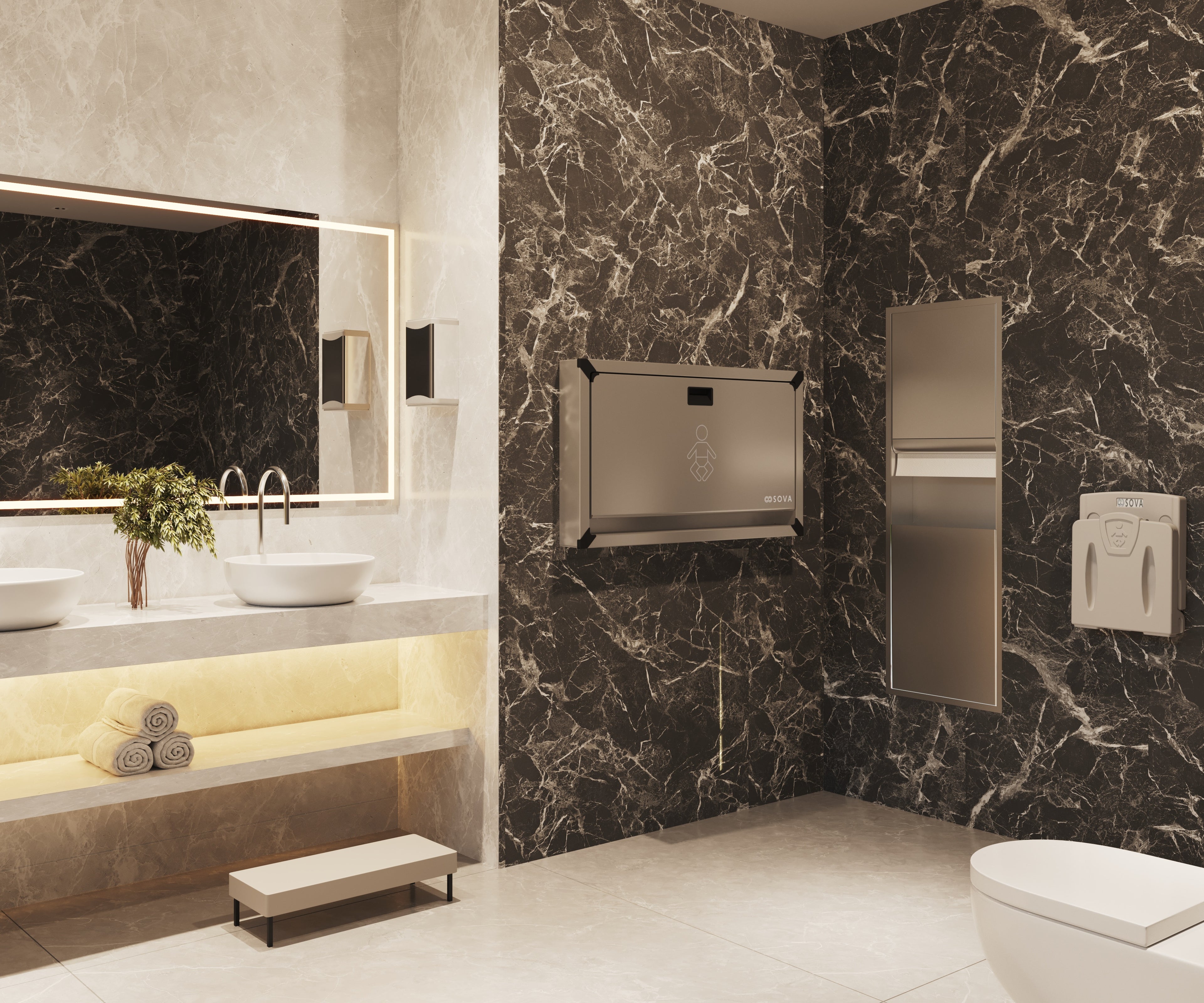 Modern bathroom with marble walls, stainless steel baby changing station.