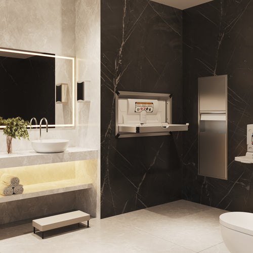 Sova Vantage Stainless Steel Baby Changing Station Recessed Mount and Toddler Wall Seat-Lifestyle_Open