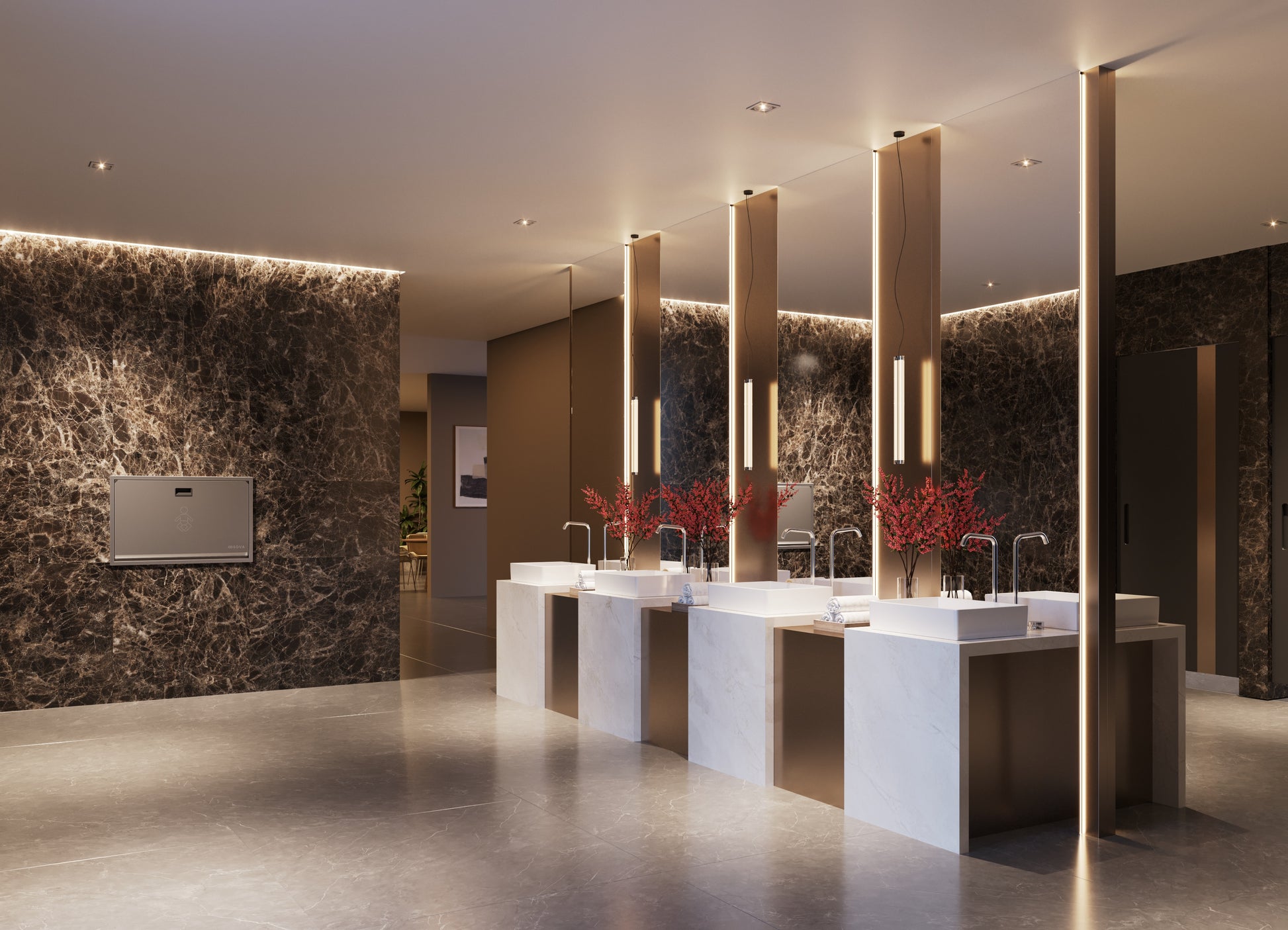 Modern bathroom with marble walls and a large mirror.