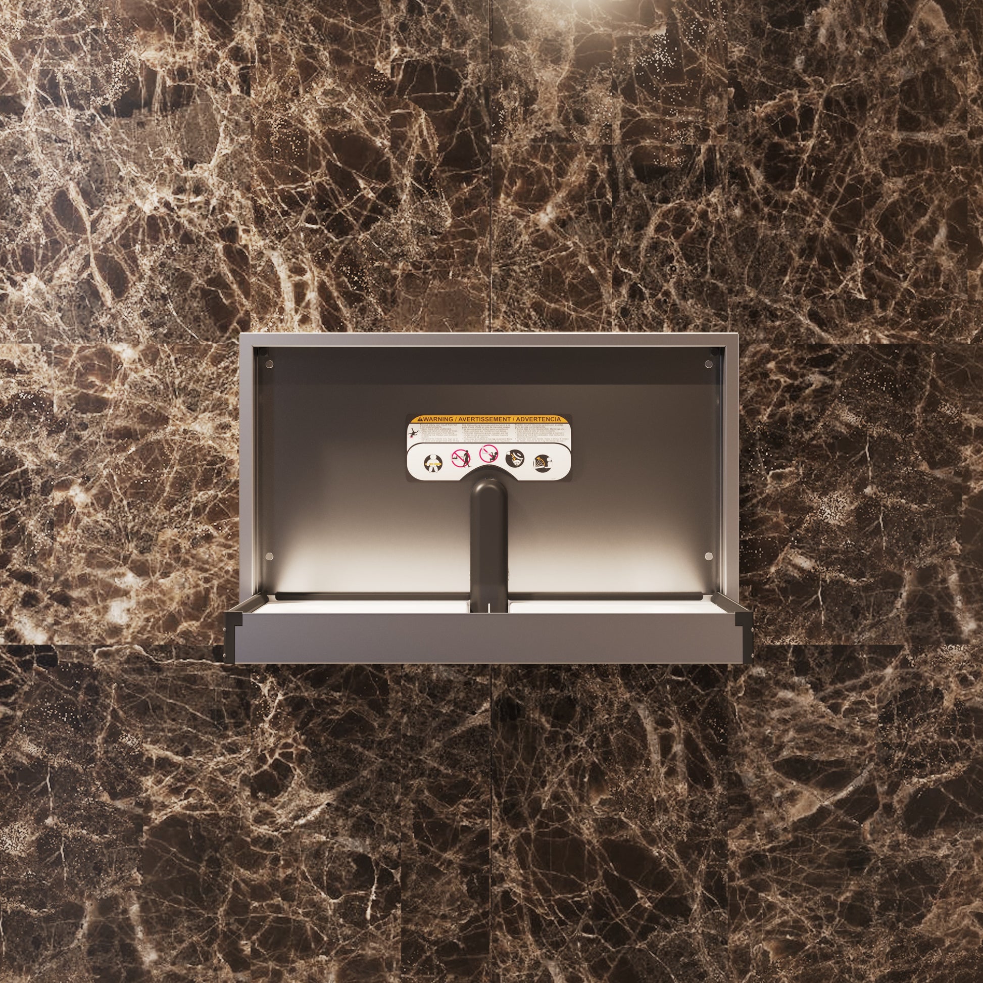 Stainless Steel Sova Summit baby changing station open on a marble wall