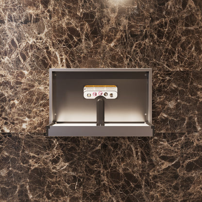 Stainless Steel Sova Summit baby changing station open on a marble wall