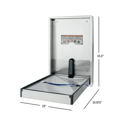 Stainless Steel Sova Summit Vertical Baby Changing station open dimensions on white background