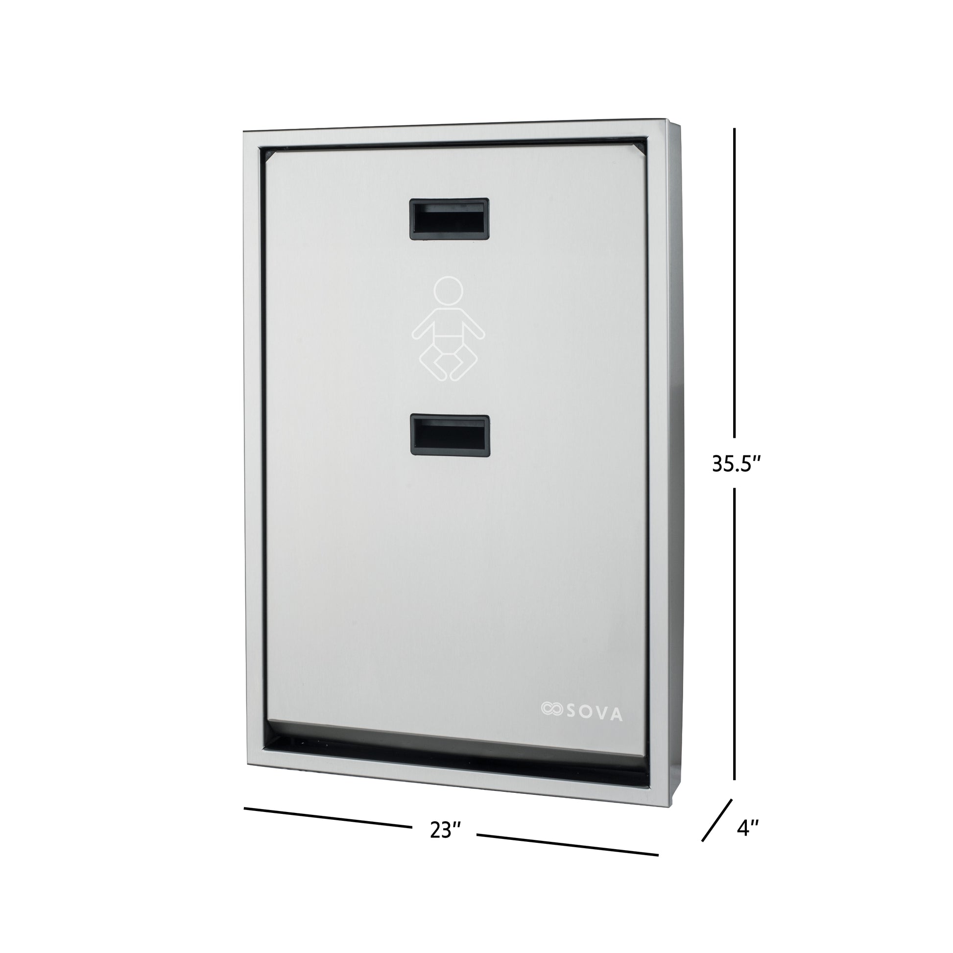 Stainless Steel Sova Summit Vertical Baby Changing station closed dimensions on white background
