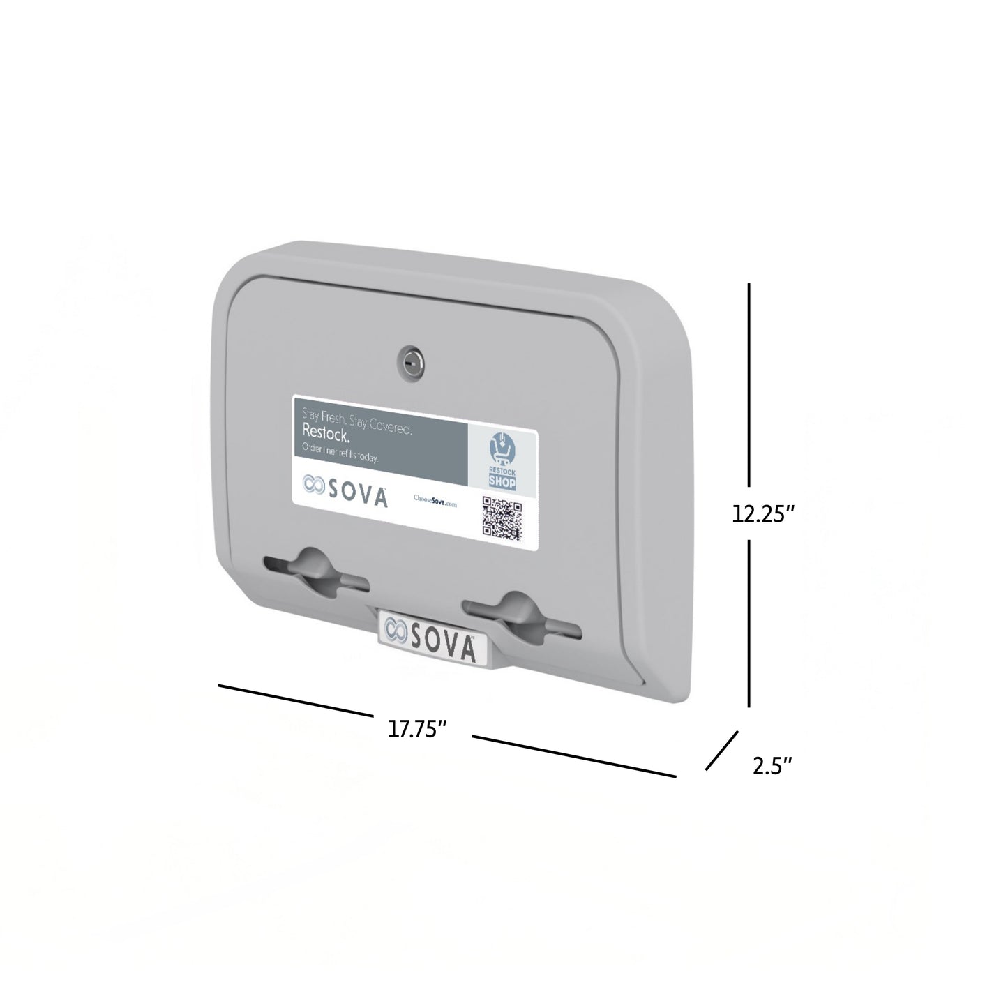 Gray Sova Liner Dispenser dimensions on a white background