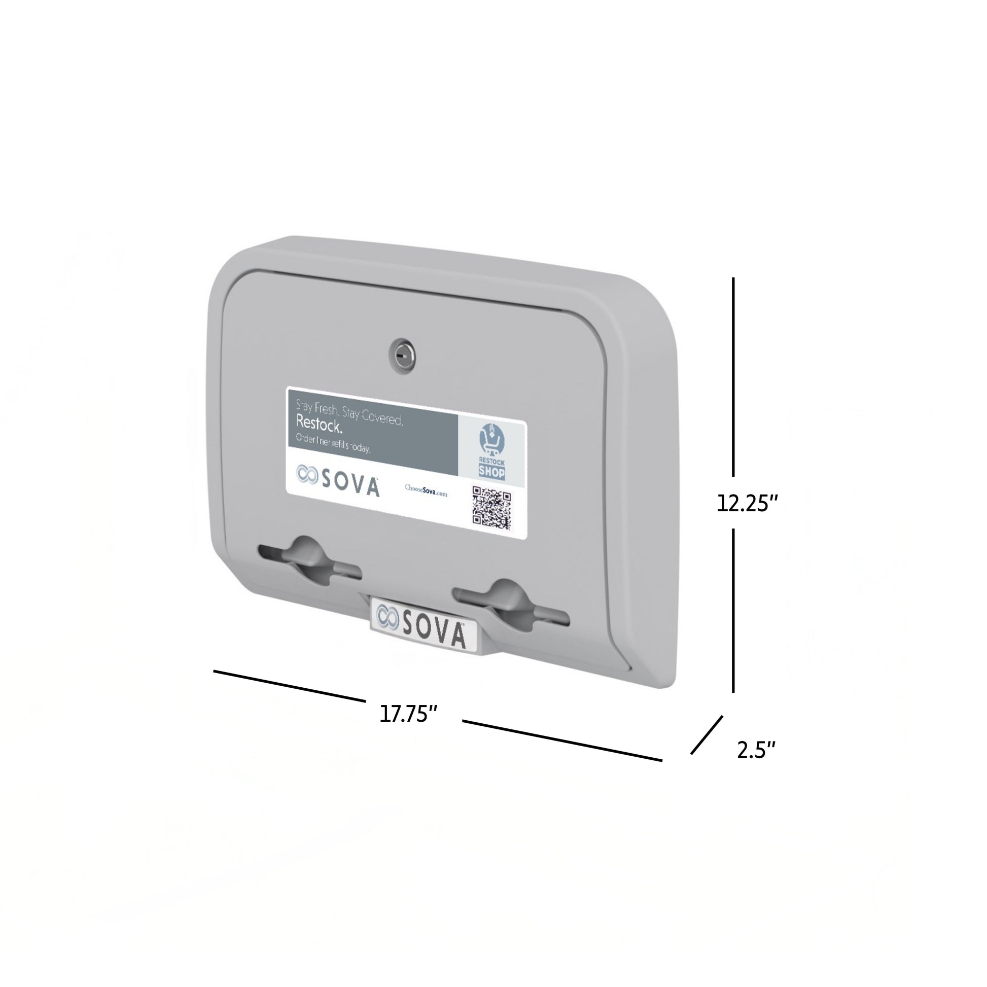 Gray Sova Liner Dispenser dimensions on a white background