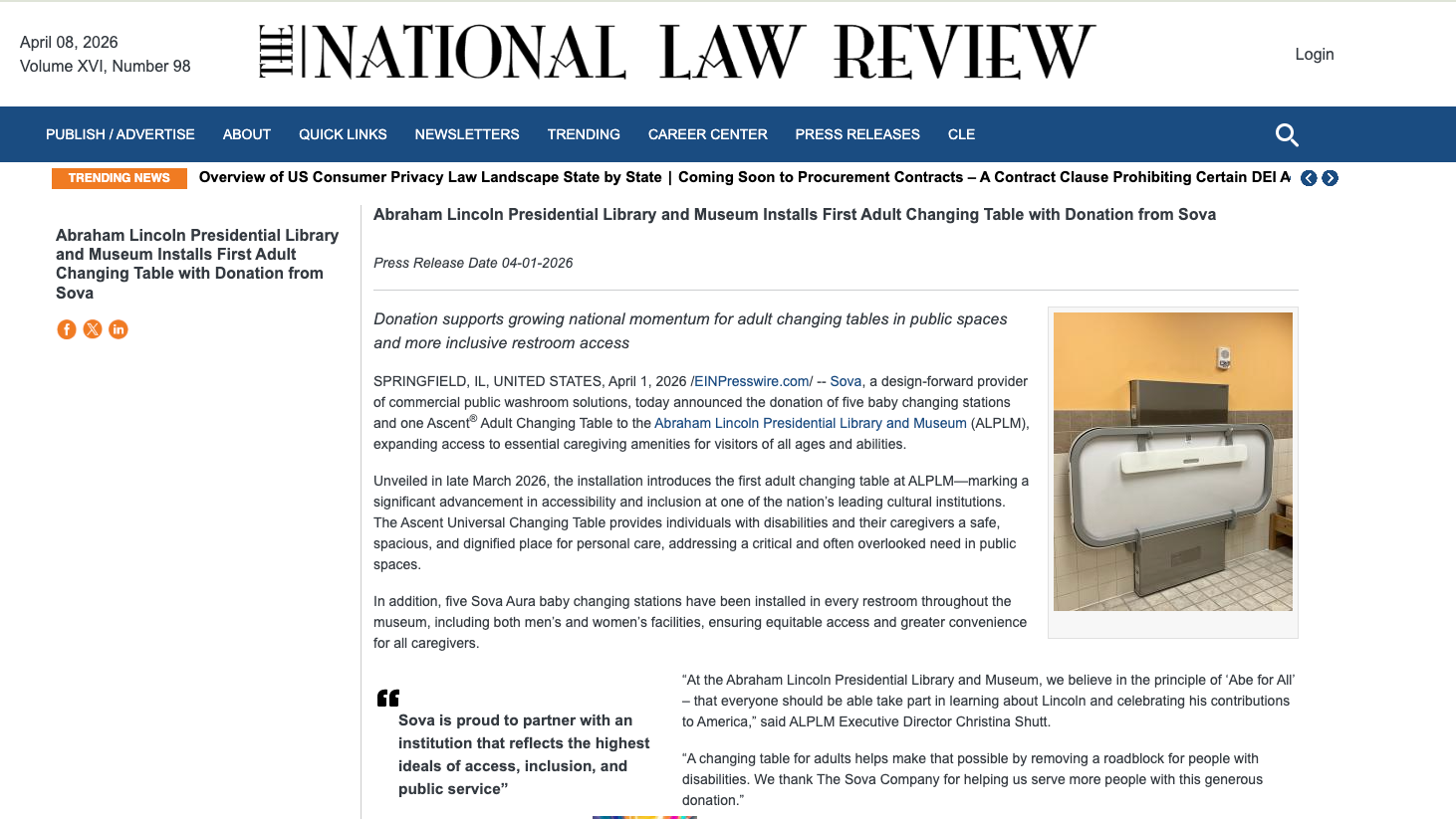 Article about a new Sova Ascent adult changing table at the Abraham Lincoln Presidential Library and Museum