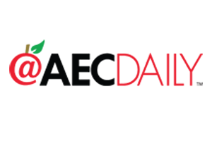 Logo of AEC Daily with a red and black design on a white background