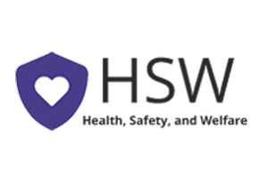 Logo for Health, Safety, and Welfare with a purple shield and heart symbol on a white background